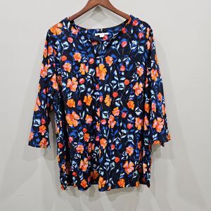 C&E Womens Floral Top Plus Size 2X Blue Orange Boho Romantic Feminine Modest